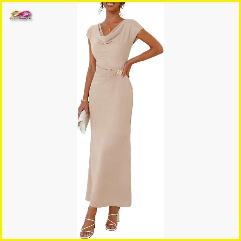 Elegant Bodycon Maxi Dress Cowl Neck Formal Cocktail Wedding Guest Long